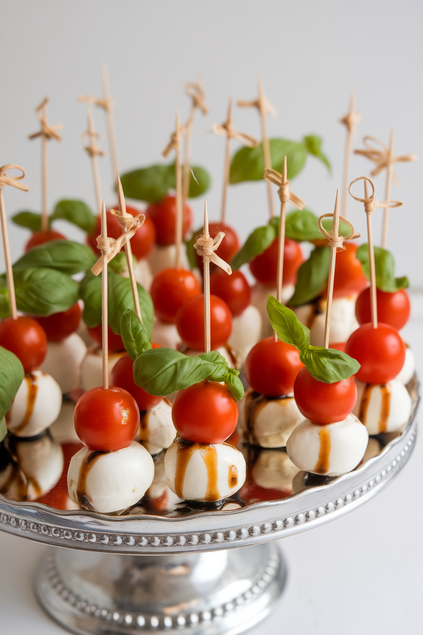 A small indoor serving platter filled with cocktail sticks threaded with cherry tomatoes, fresh basil leaves, and mozzarella pearls, lightly drizzled with balsamic glaze—photo, no text or logos.