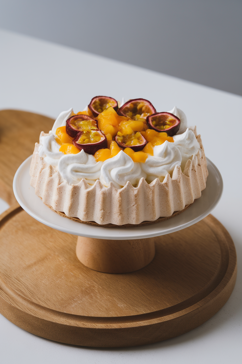 Indoor cake stand showing a crisp meringue shell topped with whipped cream and bright passionfruit pulp; no text or logos