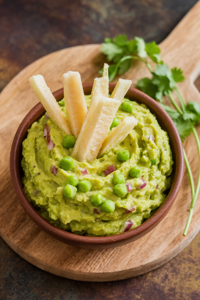 Indoor bowl of bright green guacamole blended with peas, surrounded by crisp jicama matchsticks—photo, no text or logos.