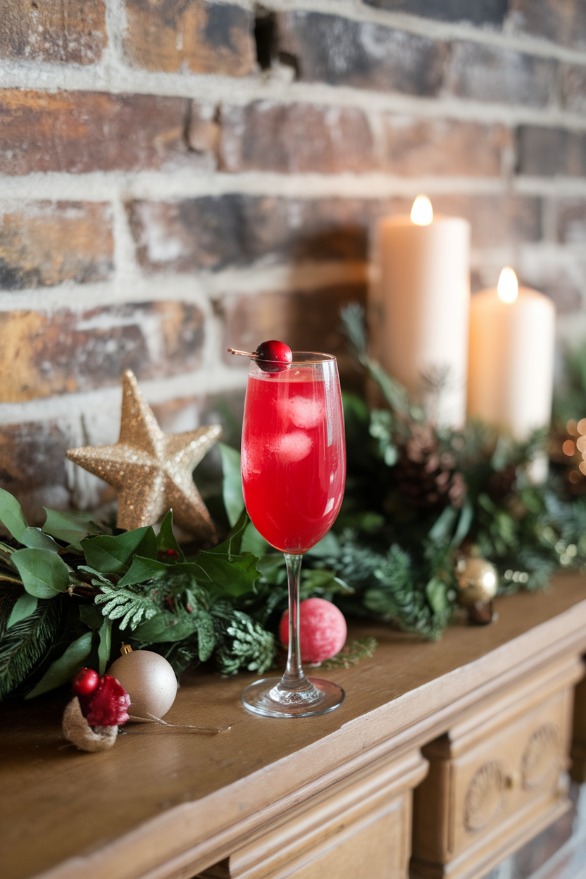 A festive indoor mantel scene showing a flute of bright red Poinsettia cocktail with a floating cranberry. Photo, not illustration. No text or logos.
