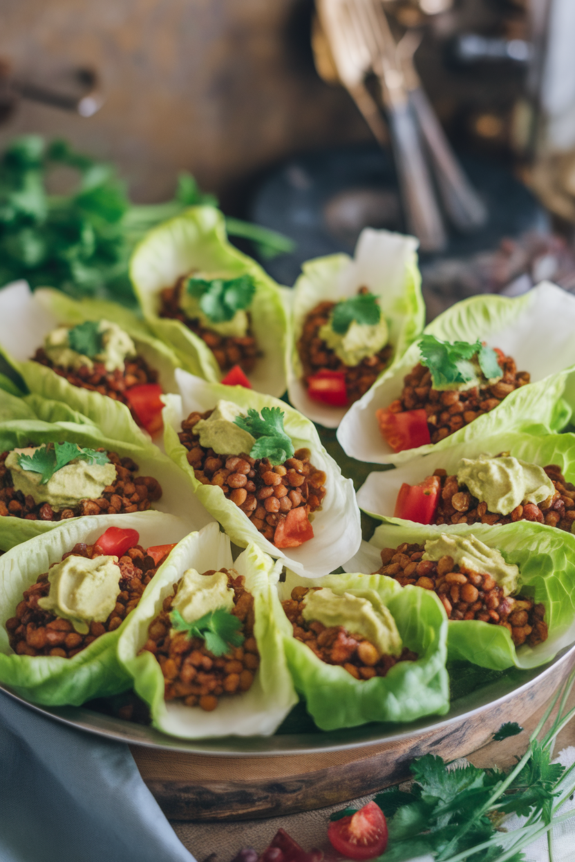 Photo of lettuce leaves filled with spiced lentils, diced tomatoes, and avocado crema, indoor platter. No text or logos.</Prompt