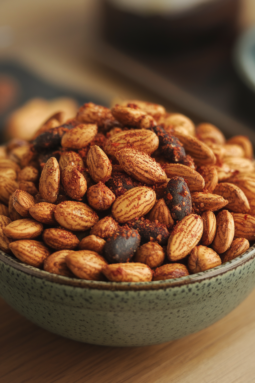 Indoor bowl filled with glistening roasted almonds dusted in smoky chili seasoning—photo, no text or logos.
