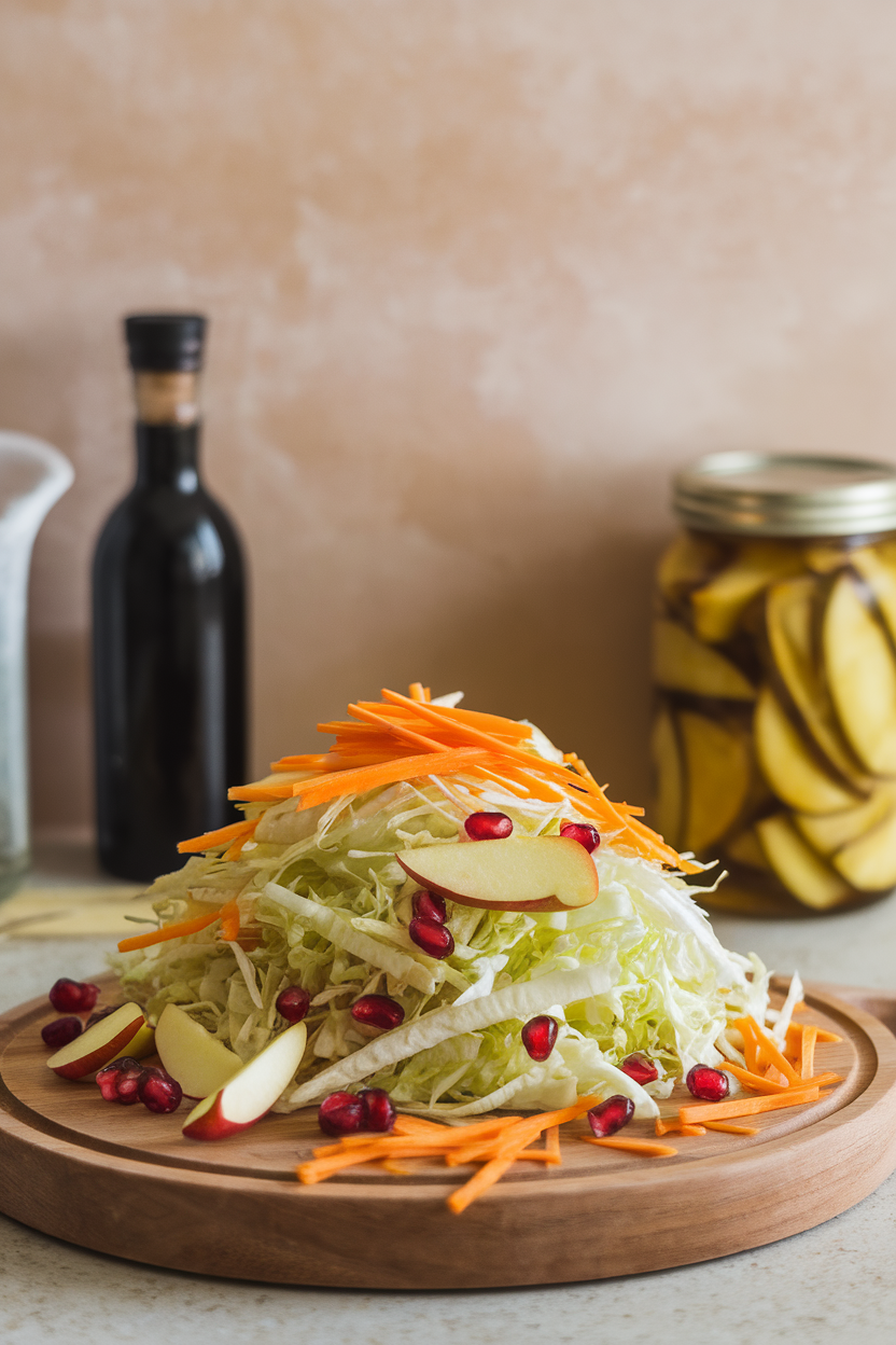Photo of an indoor countertop showing shredded cabbage mixed with apple matchsticks, pomegranate seeds, and sharp cheddar shreds. No text or logos.