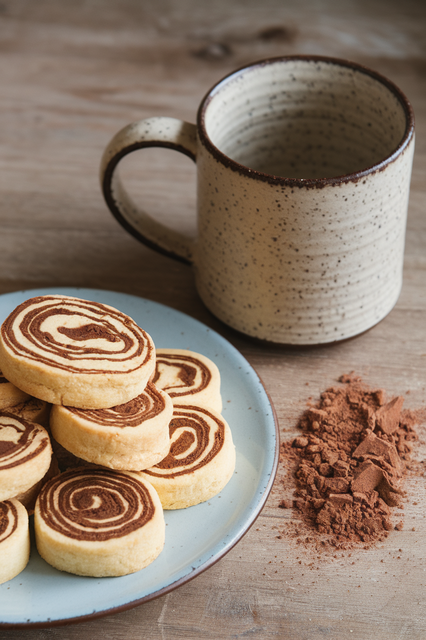 Indoor ceramic mug beside marbled coffee-and-vanilla pinwheel cookies, cocoa dust sprinkled nearby. Photo, no text or logos.