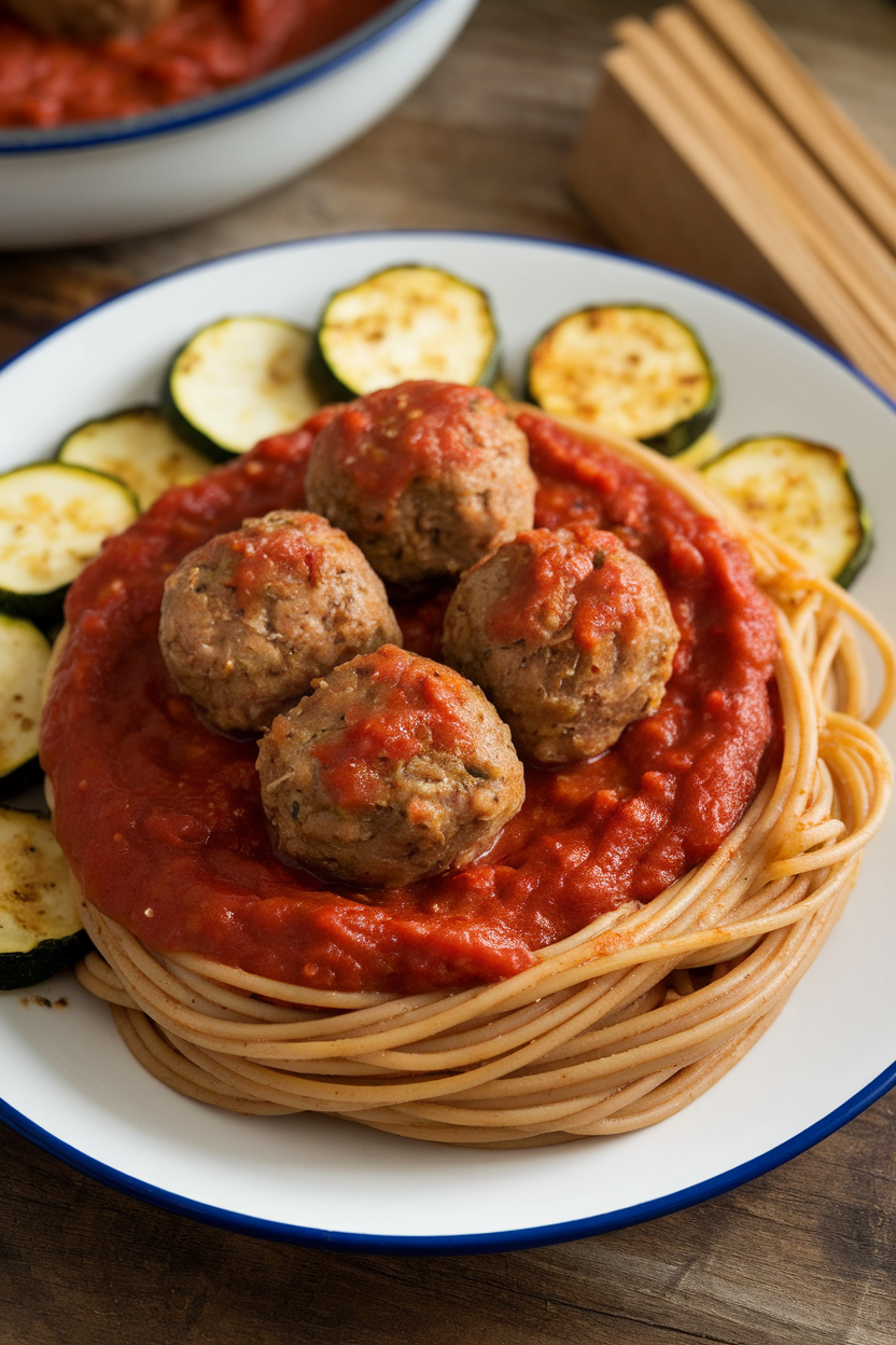 Indoor photo of turkey meatballs nestled in marinara sauce, a twirl of whole-wheat spaghetti, and sautéed zucchini rounds on a plate. No text or logos.
