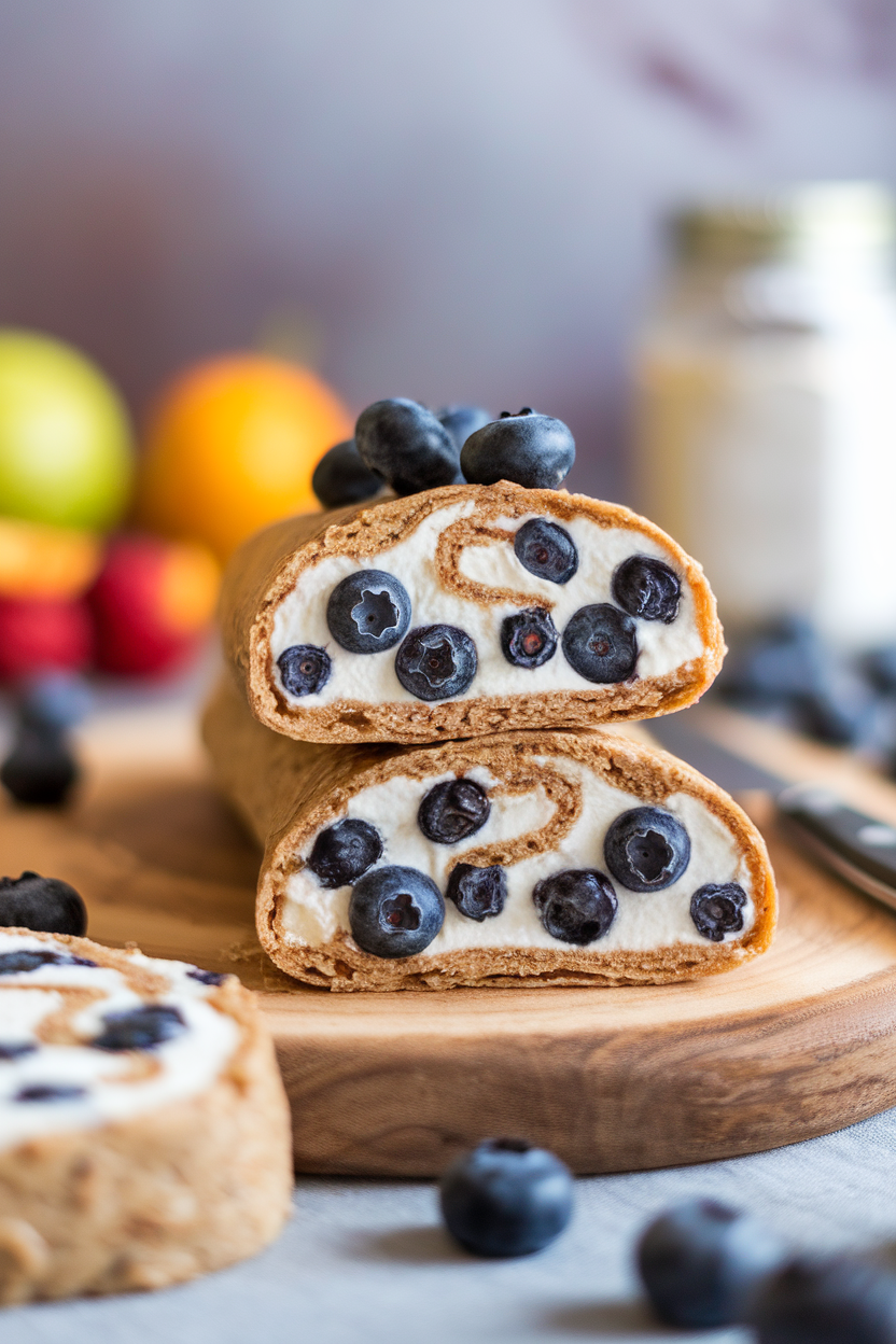 An indoor plate showing a whole-grain tortilla spread with ricotta, evenly scattered blueberries, rolled and sliced in half. Photo, no text or logos.