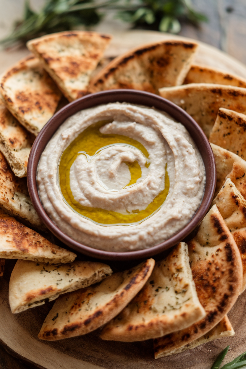 Indoor photo of a shallow bowl of smooth white bean dip drizzled with olive oil, surrounded by toasted whole-wheat pita triangles. No logos or text.
