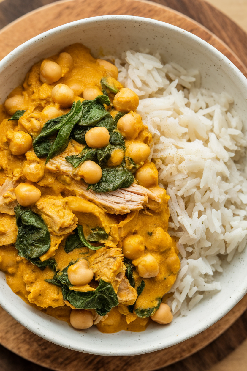 Indoor photo of a bowl of turmeric-colored turkey and chickpea curry with baby spinach, served over basmati rice, no text or logos.