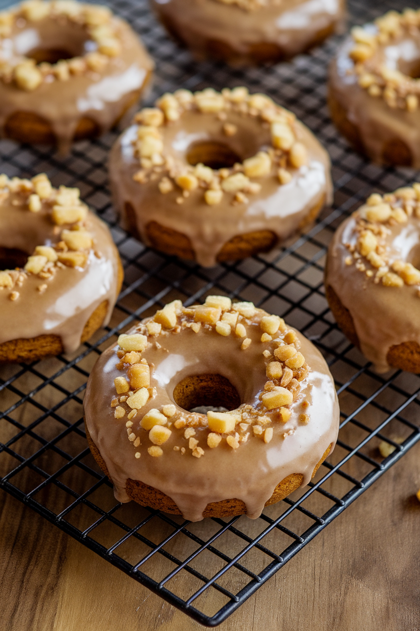 Indoor cooling rack with baked gingerbread donuts dipped in shiny maple glaze and sprinkled with chopped candied ginger; no logos. Photo, not illustration.
