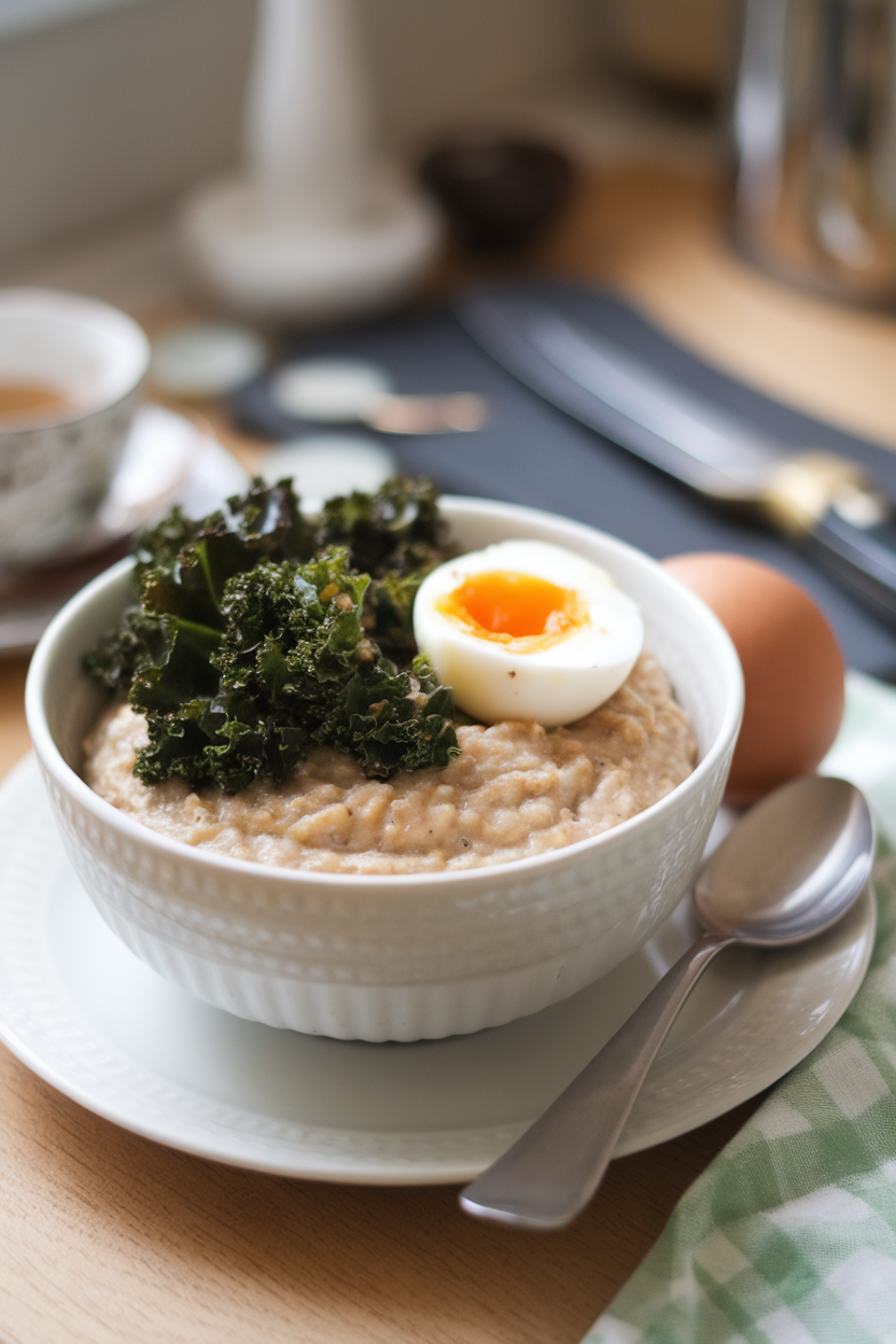 An indoor bowl of thick oatmeal topped with wilted kale and a soft-boiled egg, yolk slightly runny; no text or logos visible.