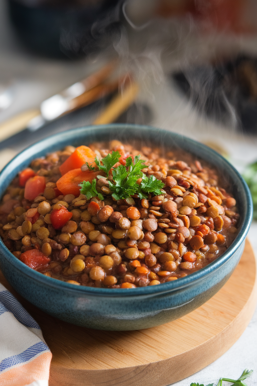 Photo of a steaming indoor bowl filled with cooked lentil stew garnished with chopped parsley. No text or logos anywhere.