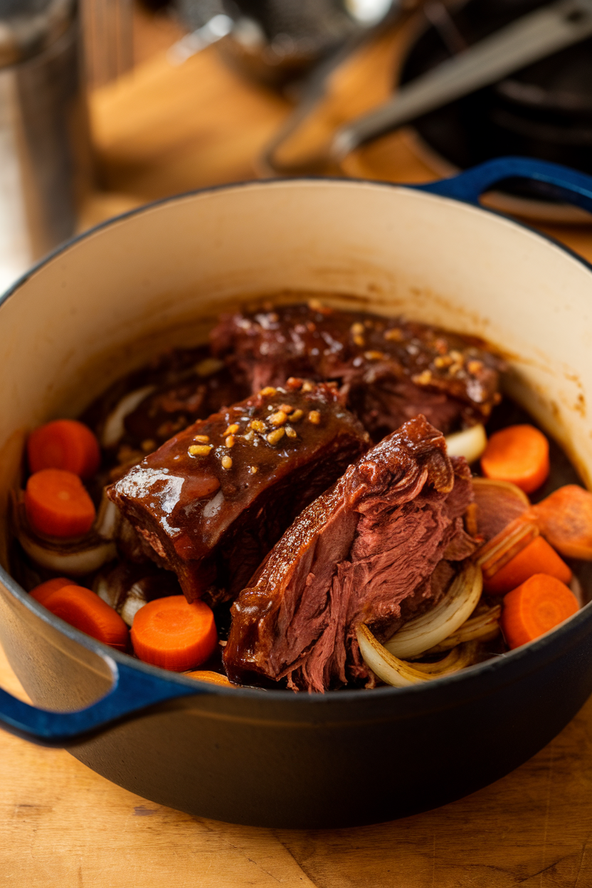 Indoor Dutch oven filled with fall-apart short ribs in dark cola glaze, carrots and onions visible. No text or logos.