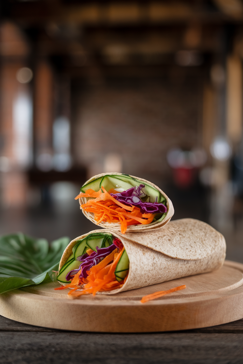 Indoor lunch setting with a sliced whole-grain wrap stuffed with colorful shredded carrots, cucumber ribbons, and red cabbage; no text or logos, photo style.