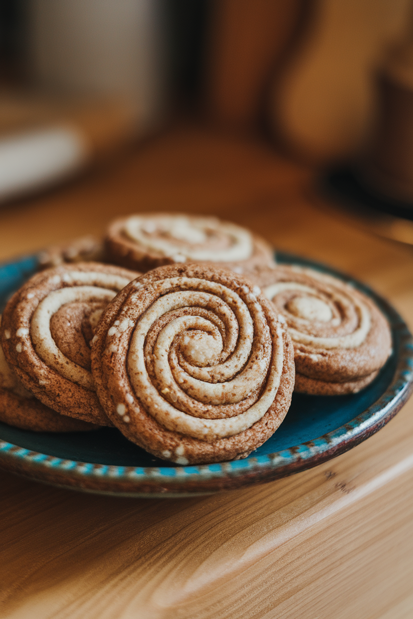 Photo prompt: Swirled cinnamon-tahini cookies arranged on a ceramic plate, indoor soft lighting, no logos.