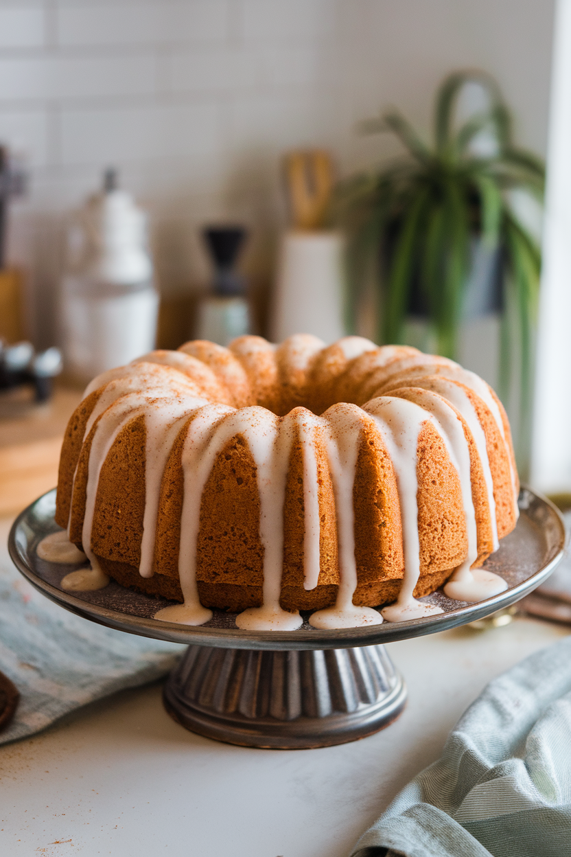 Indoor kitchen table image of a golden bundt-style pound cake drizzled with nutmeg-speckled eggnog glaze; no text or logos.