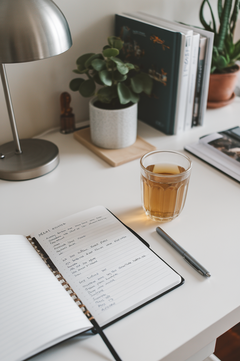 Photo of an indoor desk with an open notebook showing handwritten meal entries beside a simple pen and a cup of herbal tea. No text or logos on items.