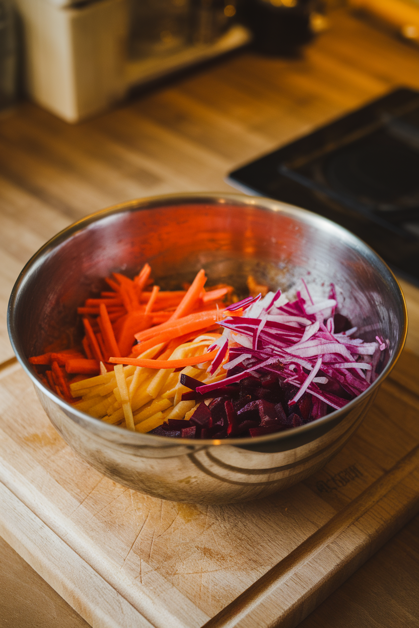 An indoor kitchen island showing a metal mixing bowl of julienned carrots, golden beets, and purple daikon tossed in vinaigrette. No logos or text; photo only.