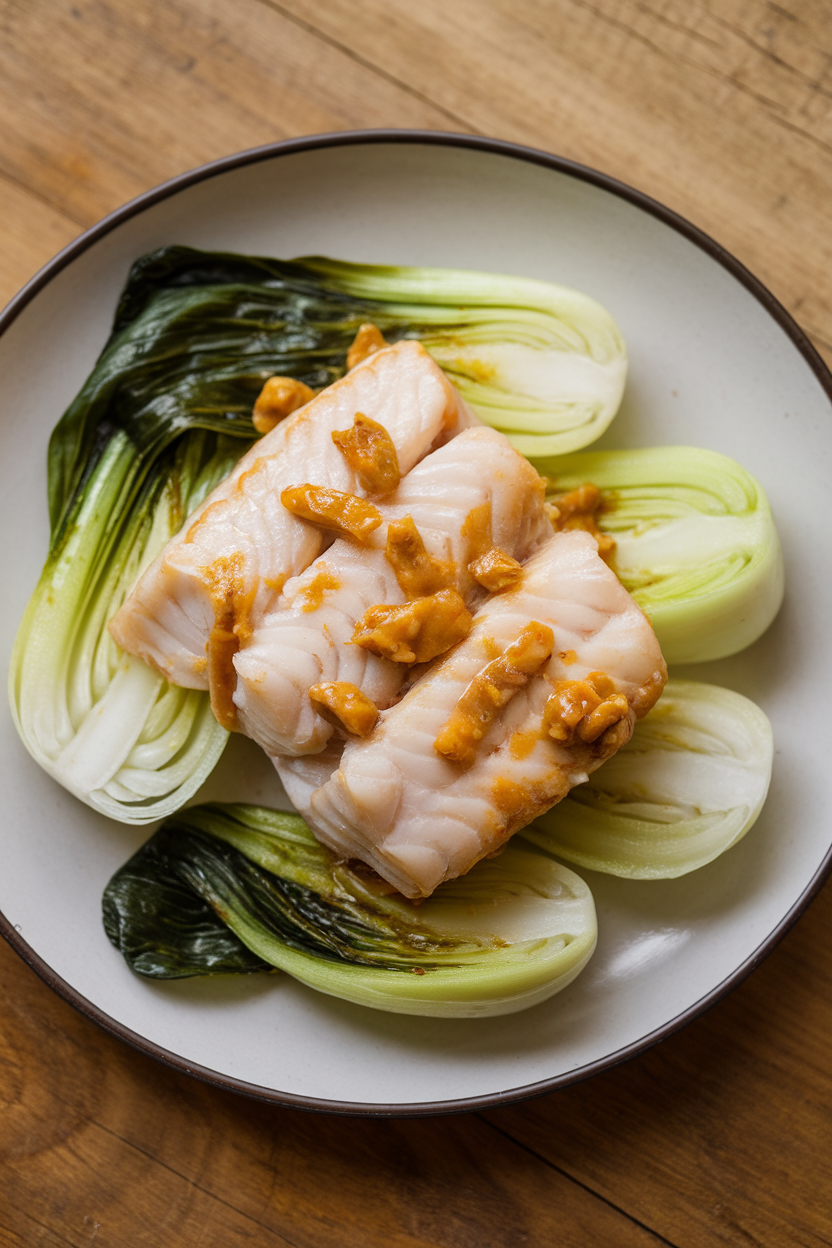 An indoor dinner plate featuring a flaky cod fillet glazed with golden miso, accompanied by sautéed bok choy. No logos or text present.