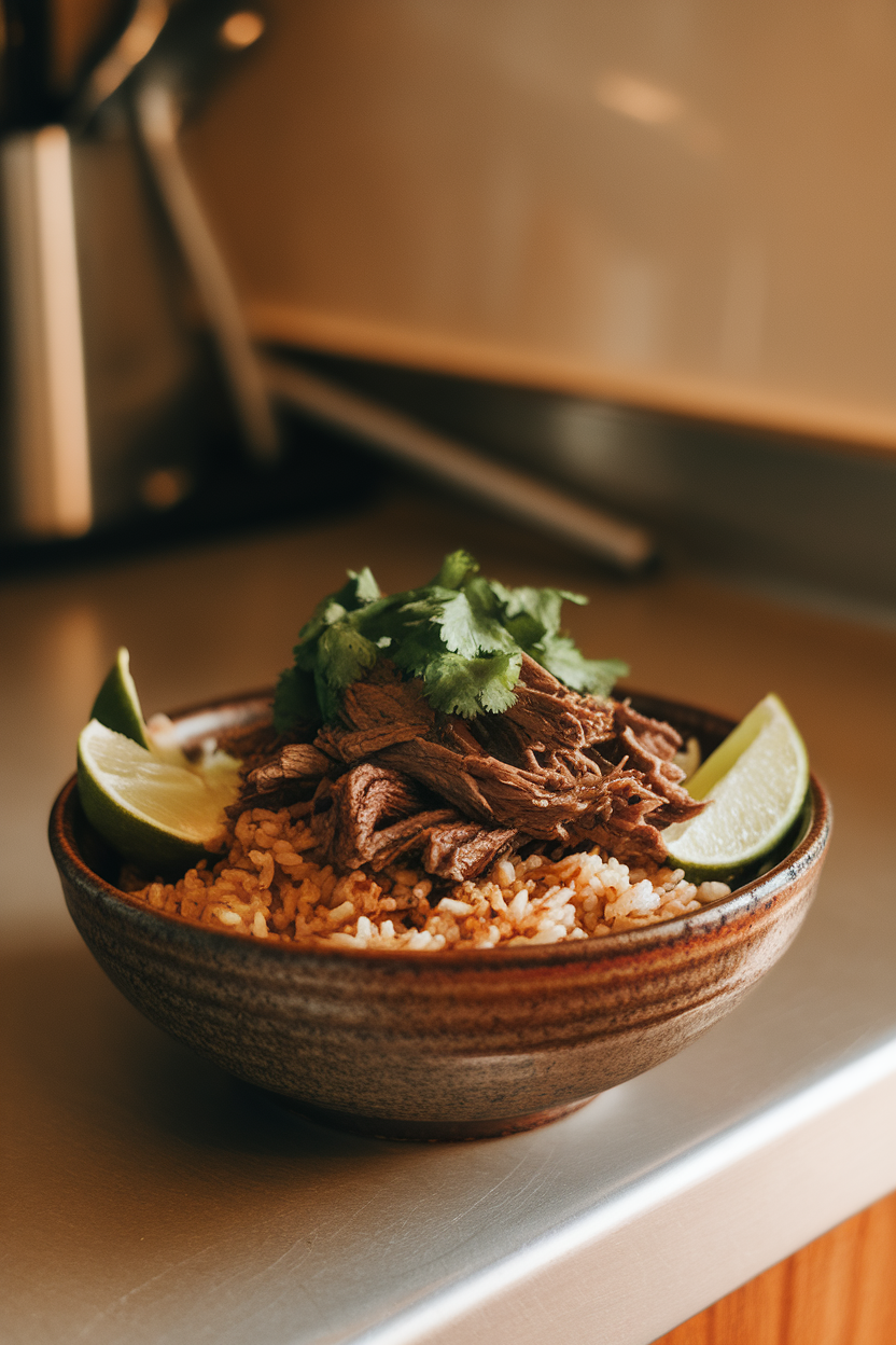 A ceramic bowl on an indoor countertop filled with shredded barbacoa beef atop brown rice, garnished with cilantro and lime wedges. Warm lighting, no text or logos. Photo only.