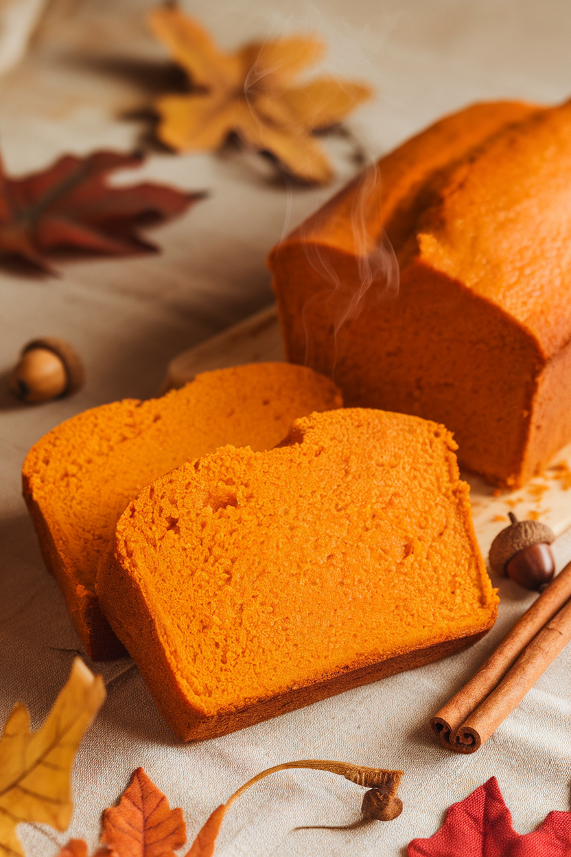 An indoor fall-themed table with an orange pumpkin loaf, thin steam curling from a fresh slice, cinnamon sticks nearby. No text or logos. Photo only.