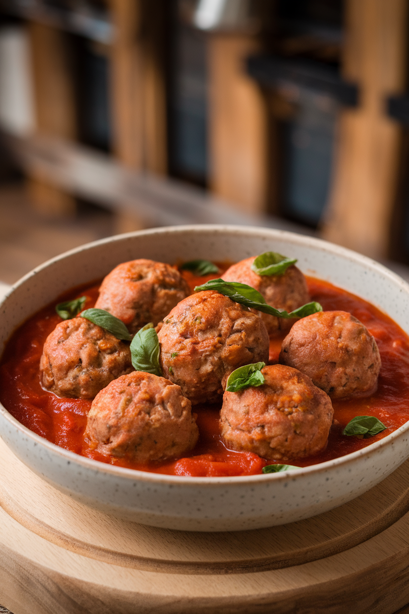 Indoor bowl of turkey meatballs simmered in tomato sauce, sprinkled with basil ribbons. No text or logos. Photo, not illustration.