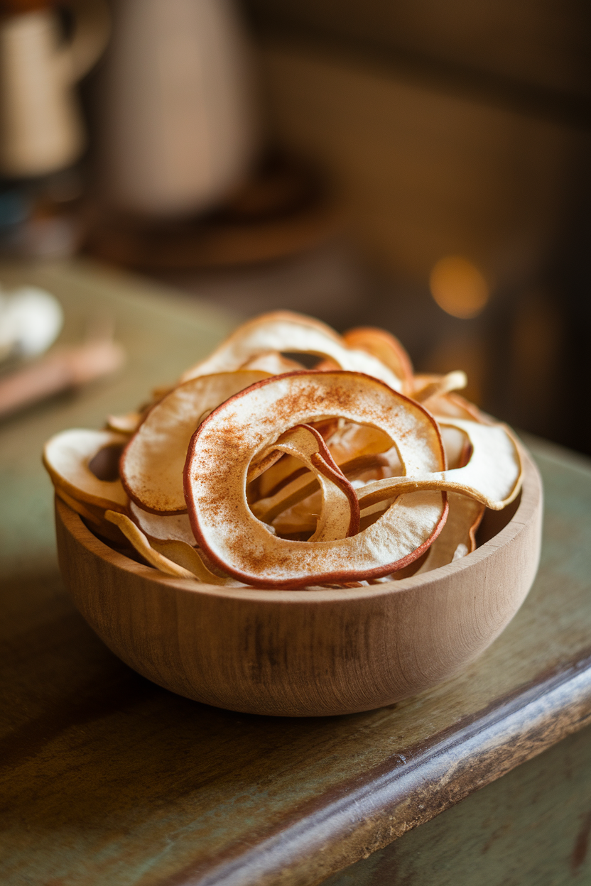 Indoor image of thin, dried apple rings sprinkled with cinnamon, arranged in a shallow wooden bowl. Soft warm lighting; no text or logos.