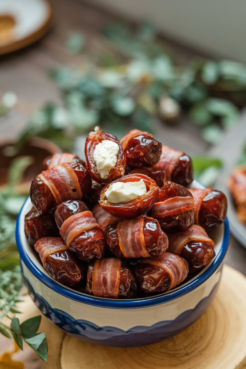 Indoor photo of a ceramic dish piled high with glossy bacon-wrapped dates, a few split open to reveal creamy goat cheese centers. Soft overhead light, no text or logos.
