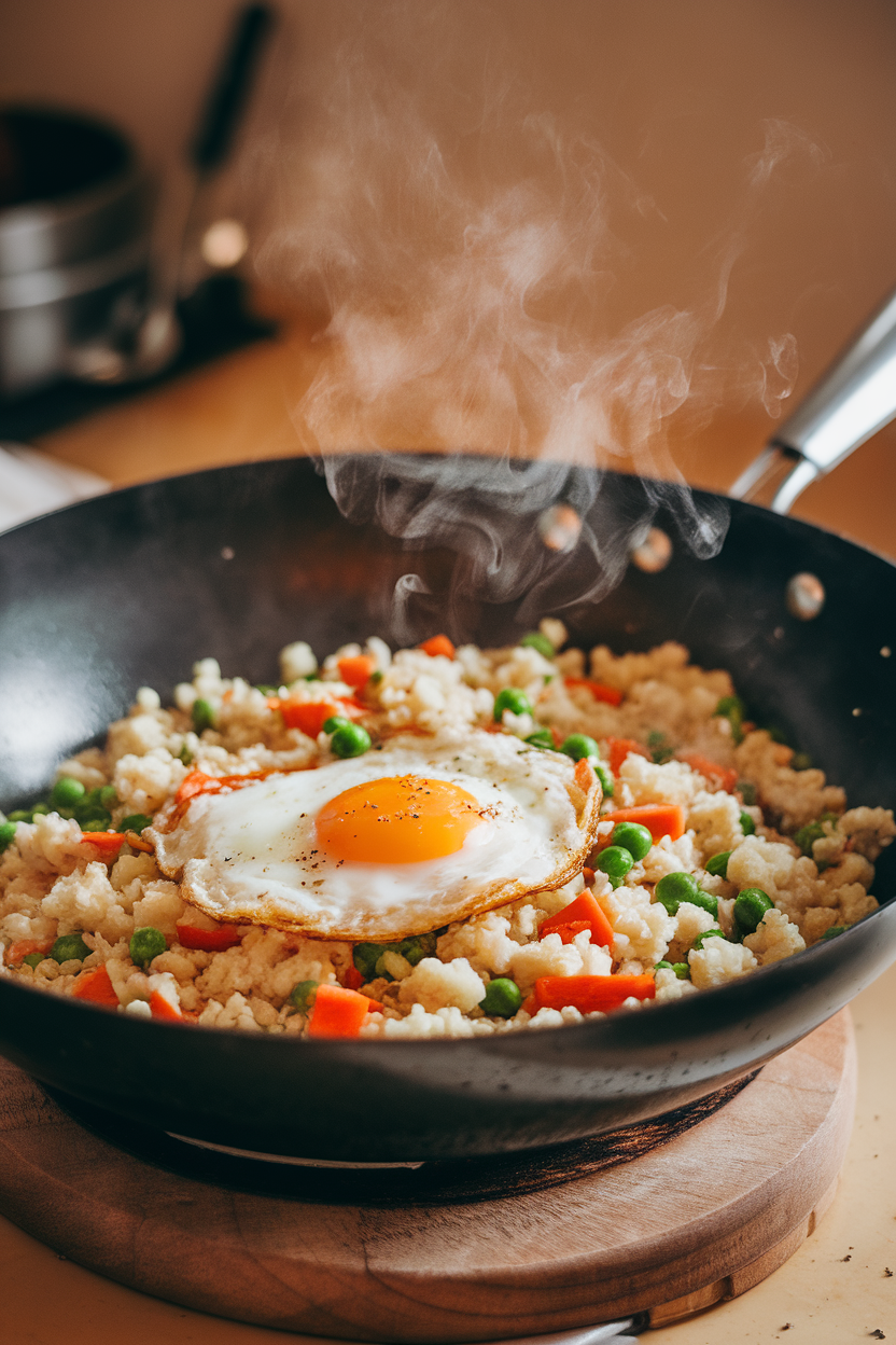 Photo of a wok full of cauliflower rice, peas, carrots, and scrambled egg, steam visible, shot indoors. No text or logos.</Prompt
