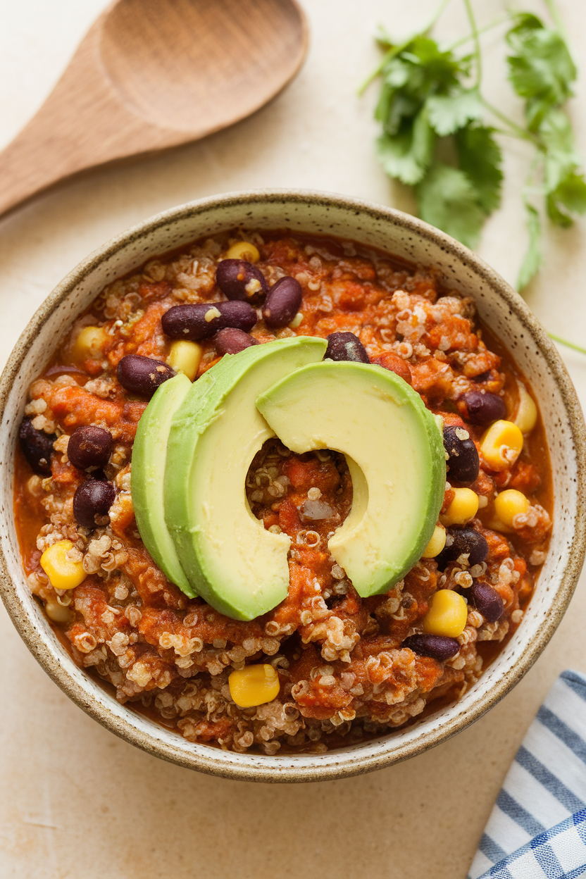 Indoor photo of hearty chili with quinoa, black beans, and corn in a rustic bowl, topped with avocado slices, no text or logos.