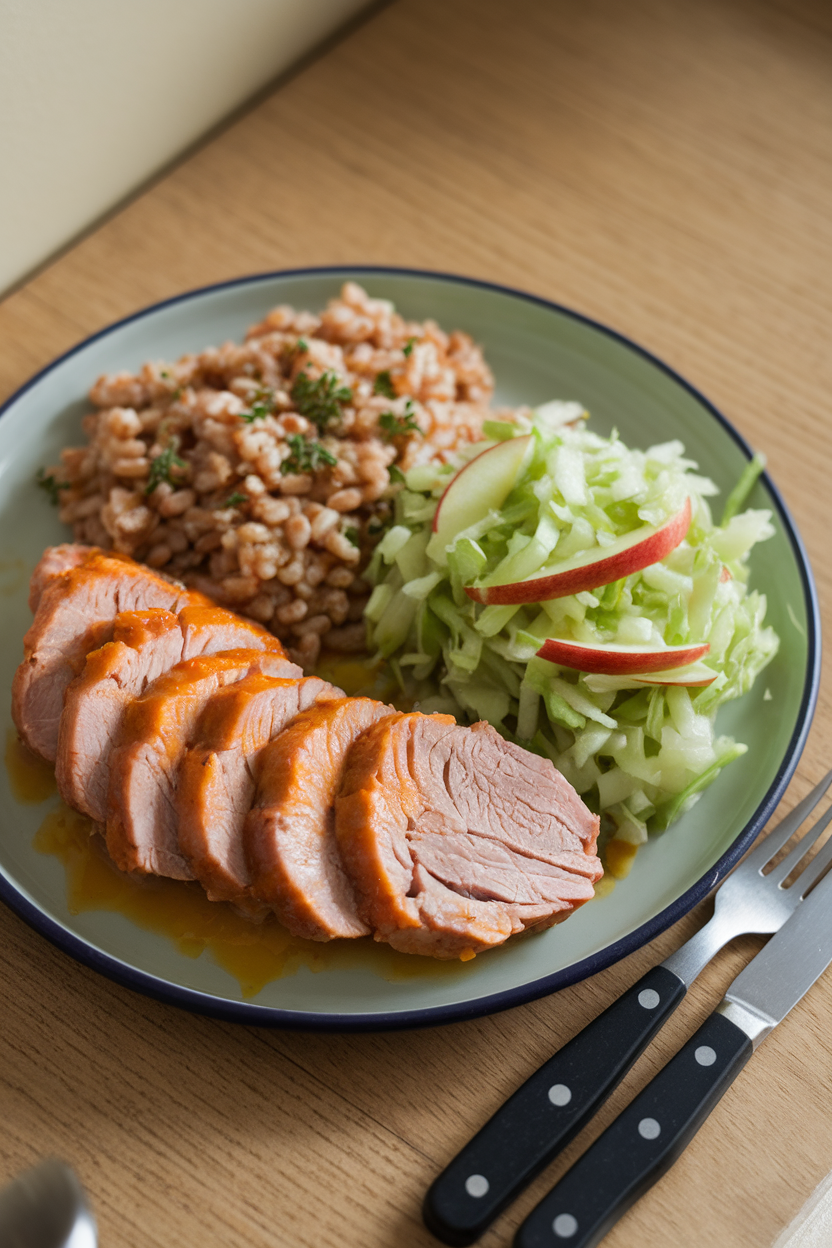 Indoor photo of sliced pork tenderloin with a light orange glaze, farro pilaf dotted with herbs, and a crisp green apple slaw on a plate. No text or logos.