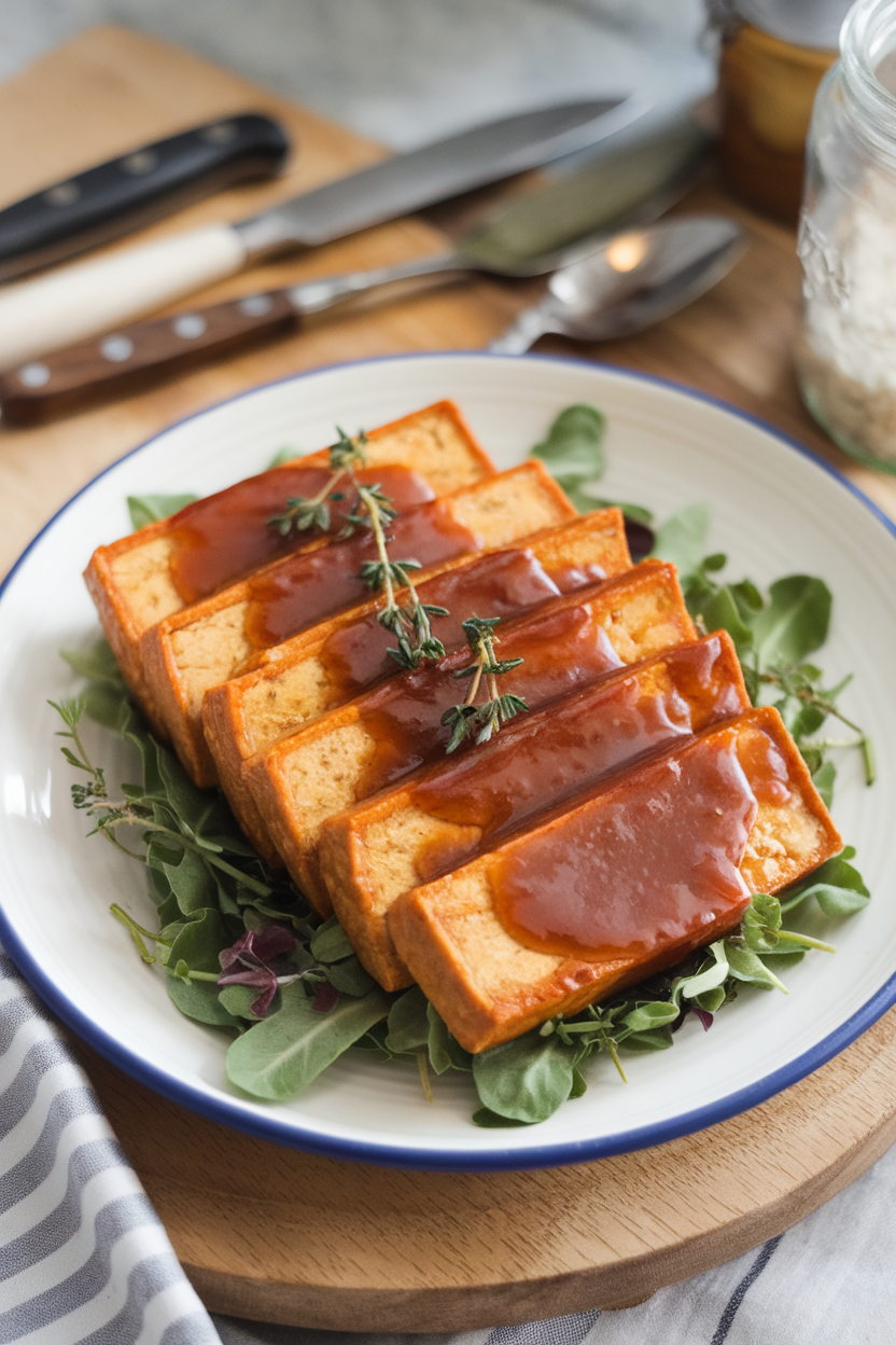 An indoor dinner plate featuring sliced tofu cutlets glazed in a glossy maple-Dijon sauce, garnished with thyme sprigs. This should be a photo, not an illustration. No text or logos anywhere in the scene.