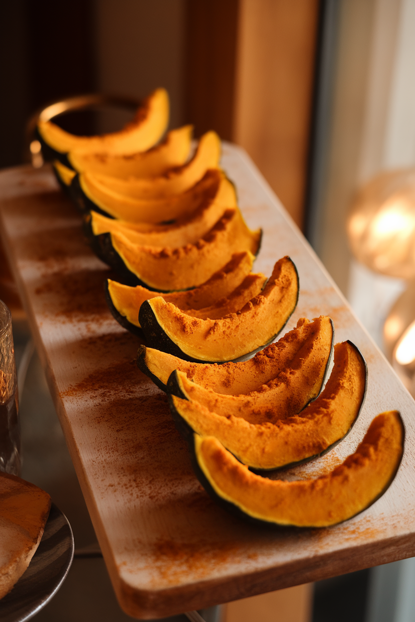 Indoor serving board lined with crescent-shaped roasted pumpkin wedges dusted with curry powder. No logos.