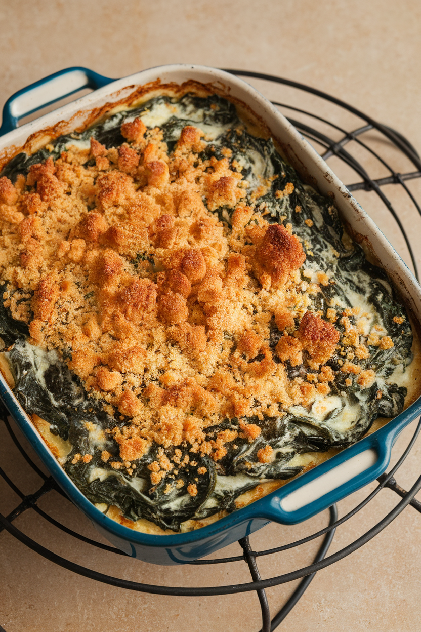 A shallow baking dish of bubbling creamed spinach topped with golden breadcrumbs, set on an indoor trivet. No text or logos. Photo.