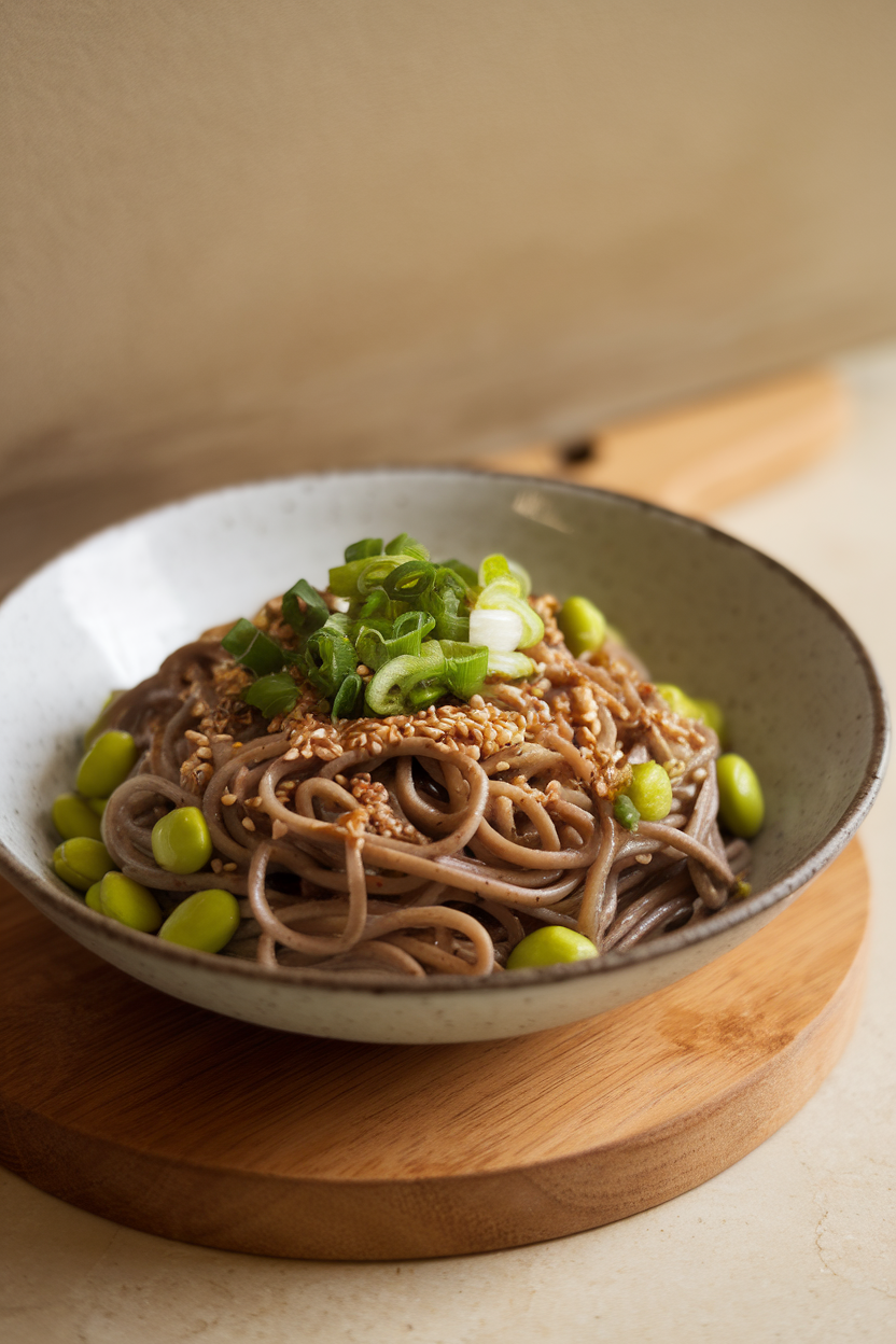 Photo of a bowl of soba noodles tossed with edamame, sesame seeds, and scallions, indoor setting. No text or logos.</Prompt