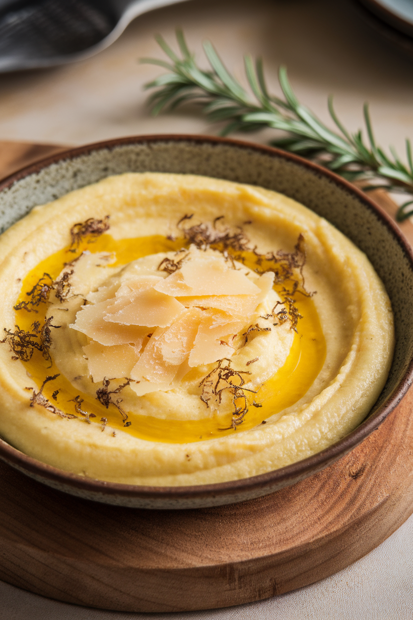 Indoor photo of creamy polenta in a shallow bowl drizzled with truffle oil and sprinkled with shaved Parmesan. No text or logos.