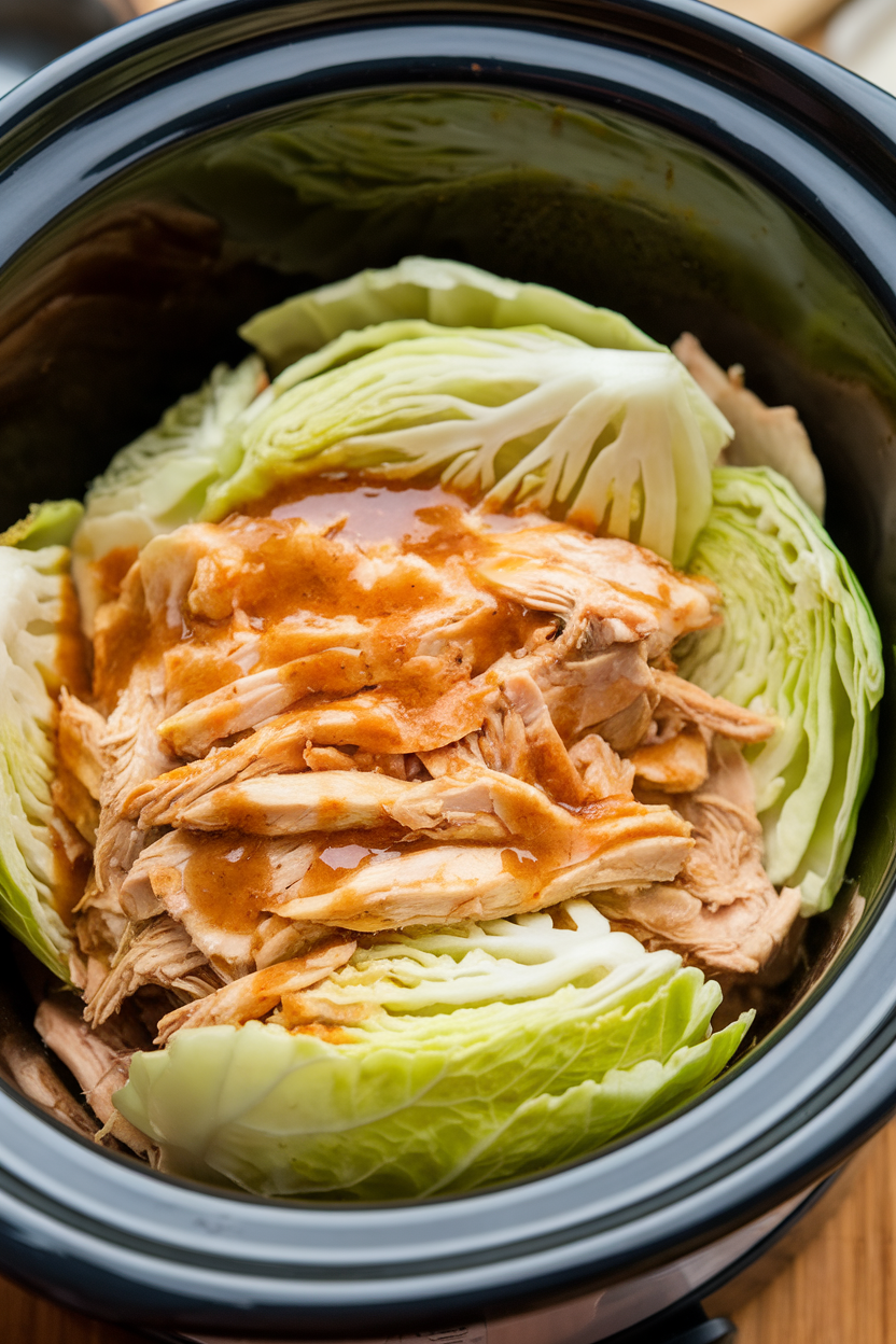 Indoor photo of shredded chicken and sliced cabbage glistening with ginger garlic sauce in a slow cooker, no text or logos.