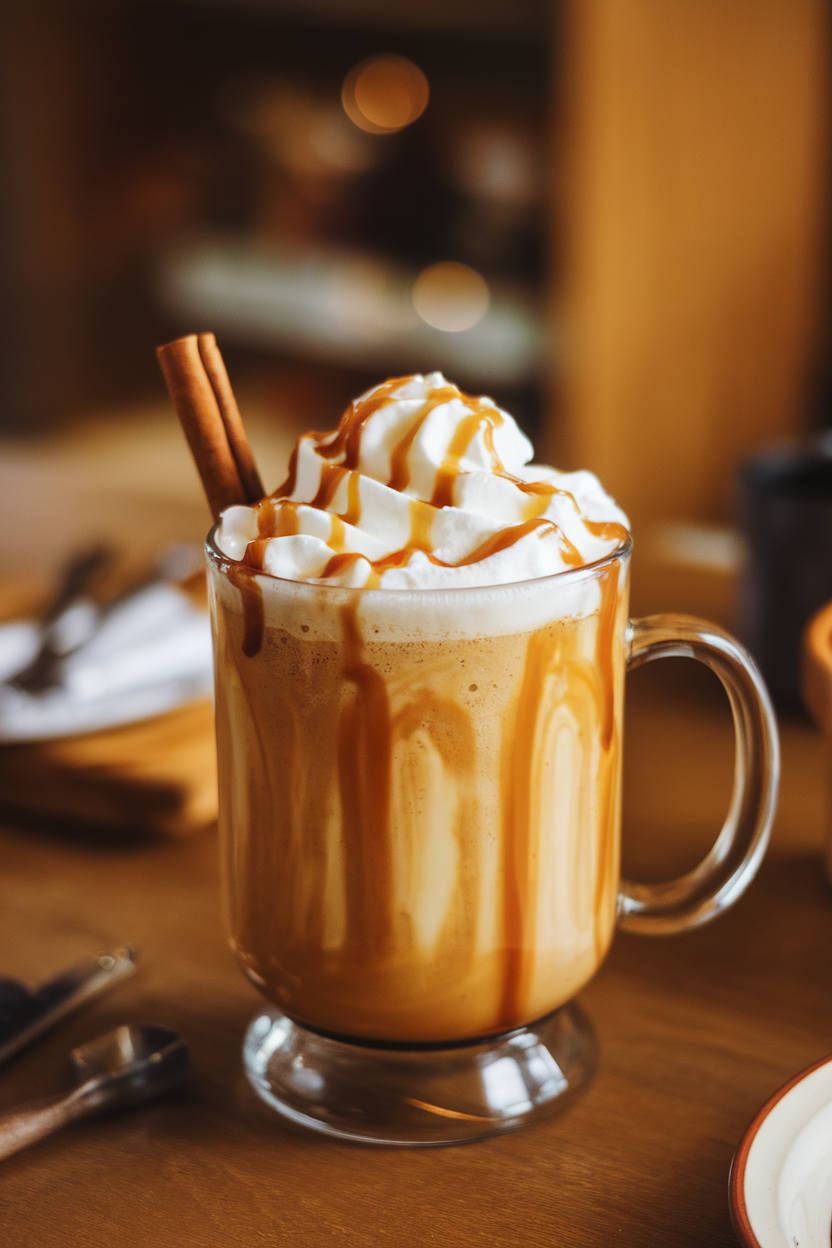 Indoor setting showing a clear heat-safe mug of frothy caramel apple butter drink, whipped topping drizzled with caramel, and cinnamon stick stirrer. Photo, no text or logos.