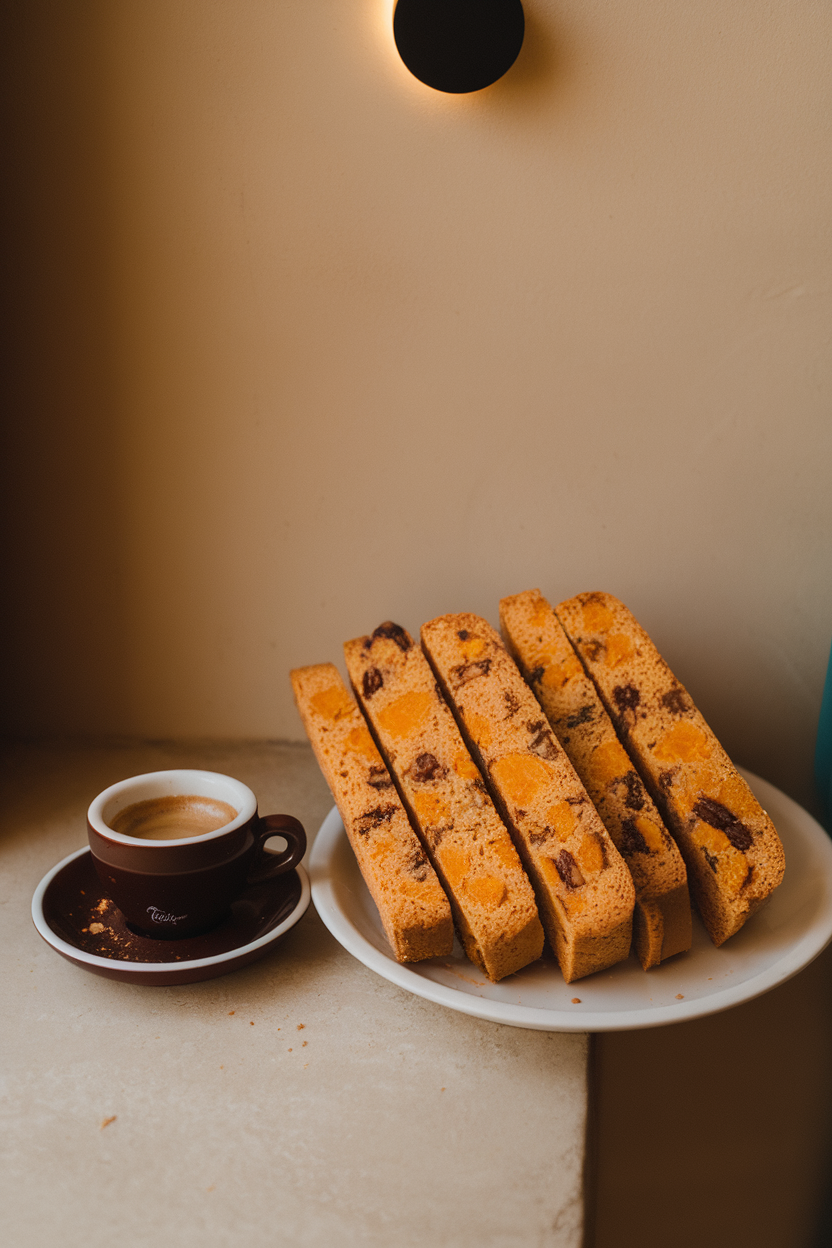 Photo prompt: Thin orange-walnut biscotti slices arranged beside an espresso cup indoors, no branding or logos.