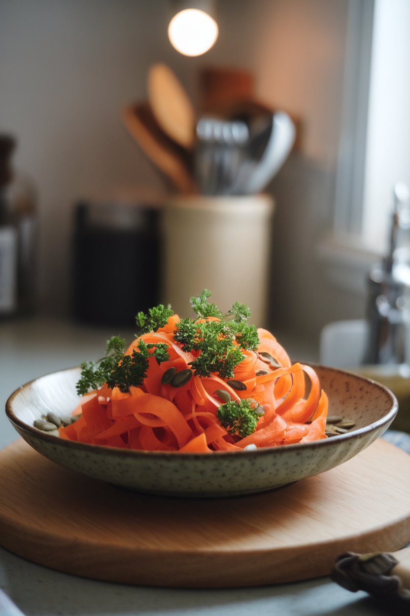 A softly lit indoor kitchen counter with a shallow bowl of thin carrot ribbons, lightly caramelized, tossed with fresh parsley and pumpkin seeds. No text or logos; photo only.