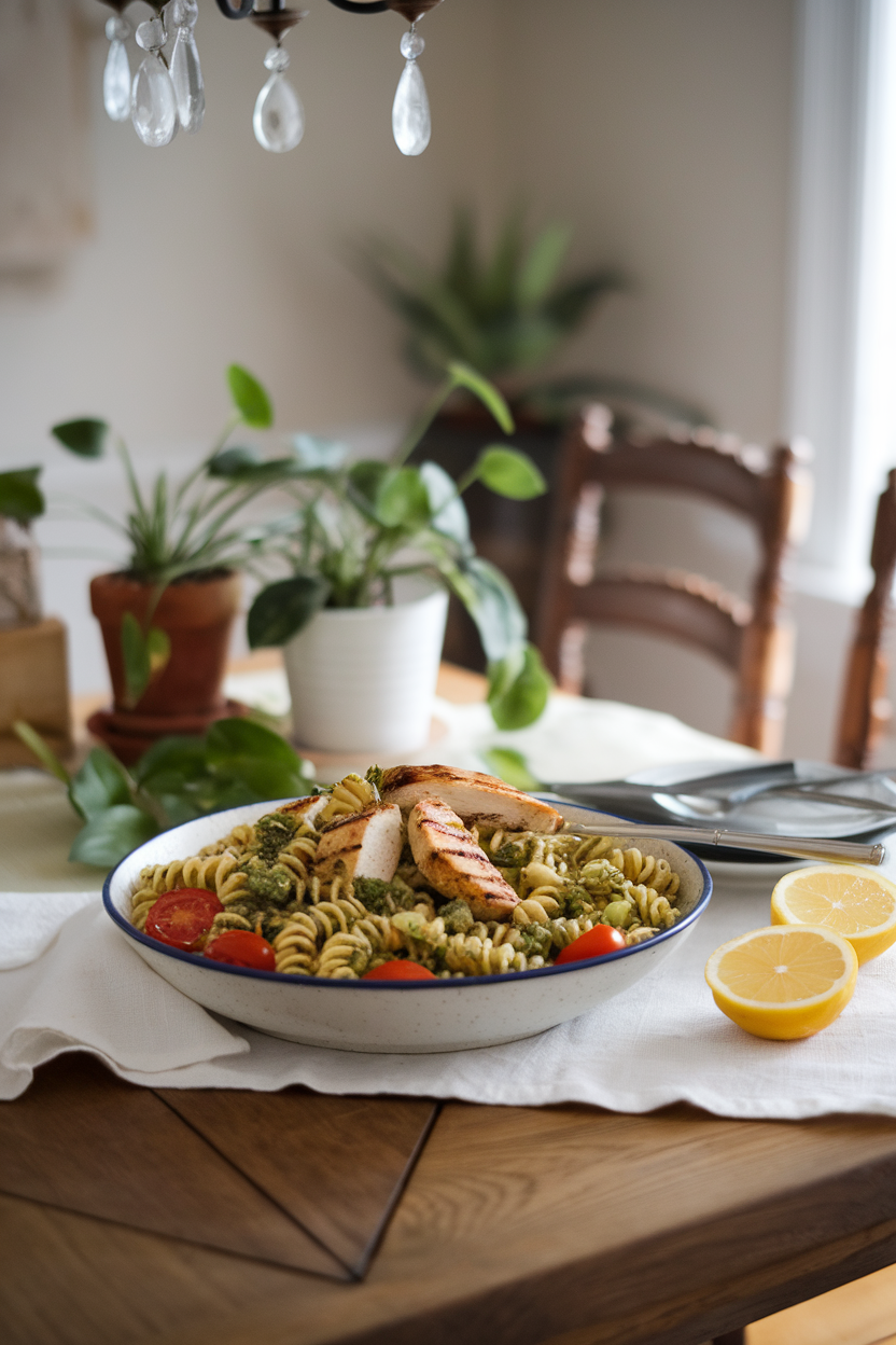 An indoor dining table with a serving bowl of whole-wheat fusilli tossed in green pesto, grilled chicken strips, and cherry tomatoes. No text or logos.