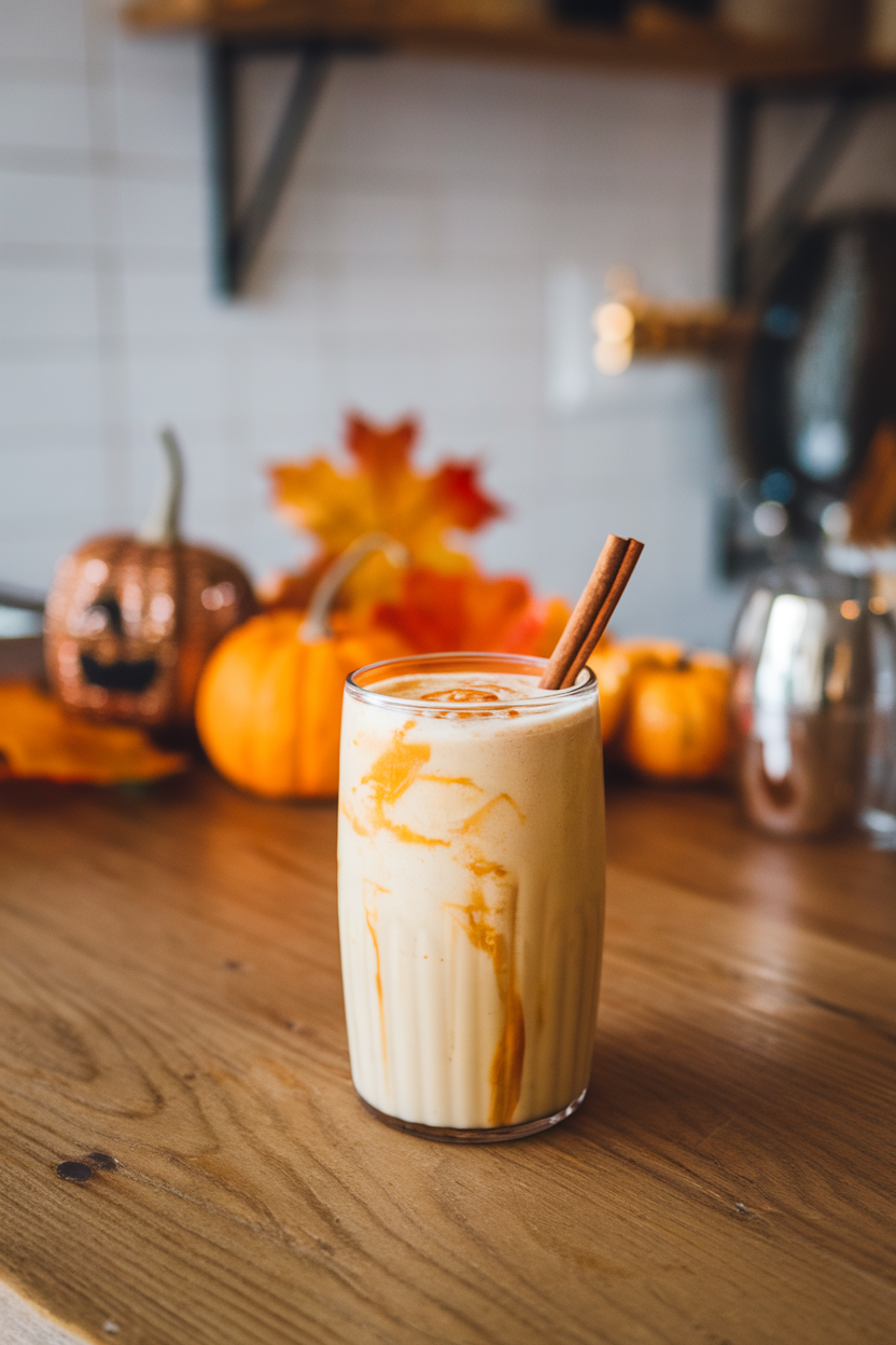 Indoor wooden counter showcasing a tumbler of creamy pumpkin horchata, cinnamon stick swirling the drink. Photo, no text or logos.