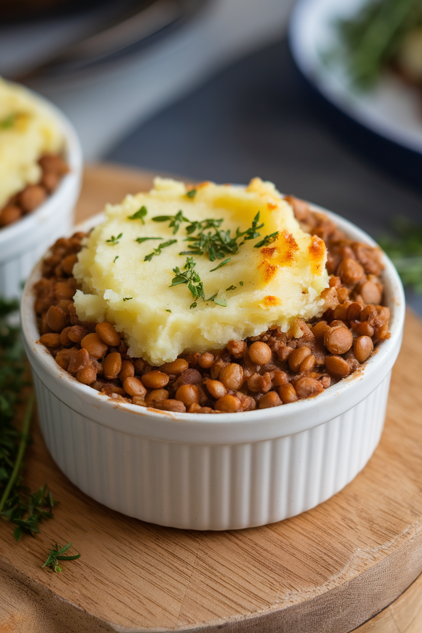 An indoor ramekin of lentil shepherd’s pie topped with golden mashed potatoes, photo, no text or logos.