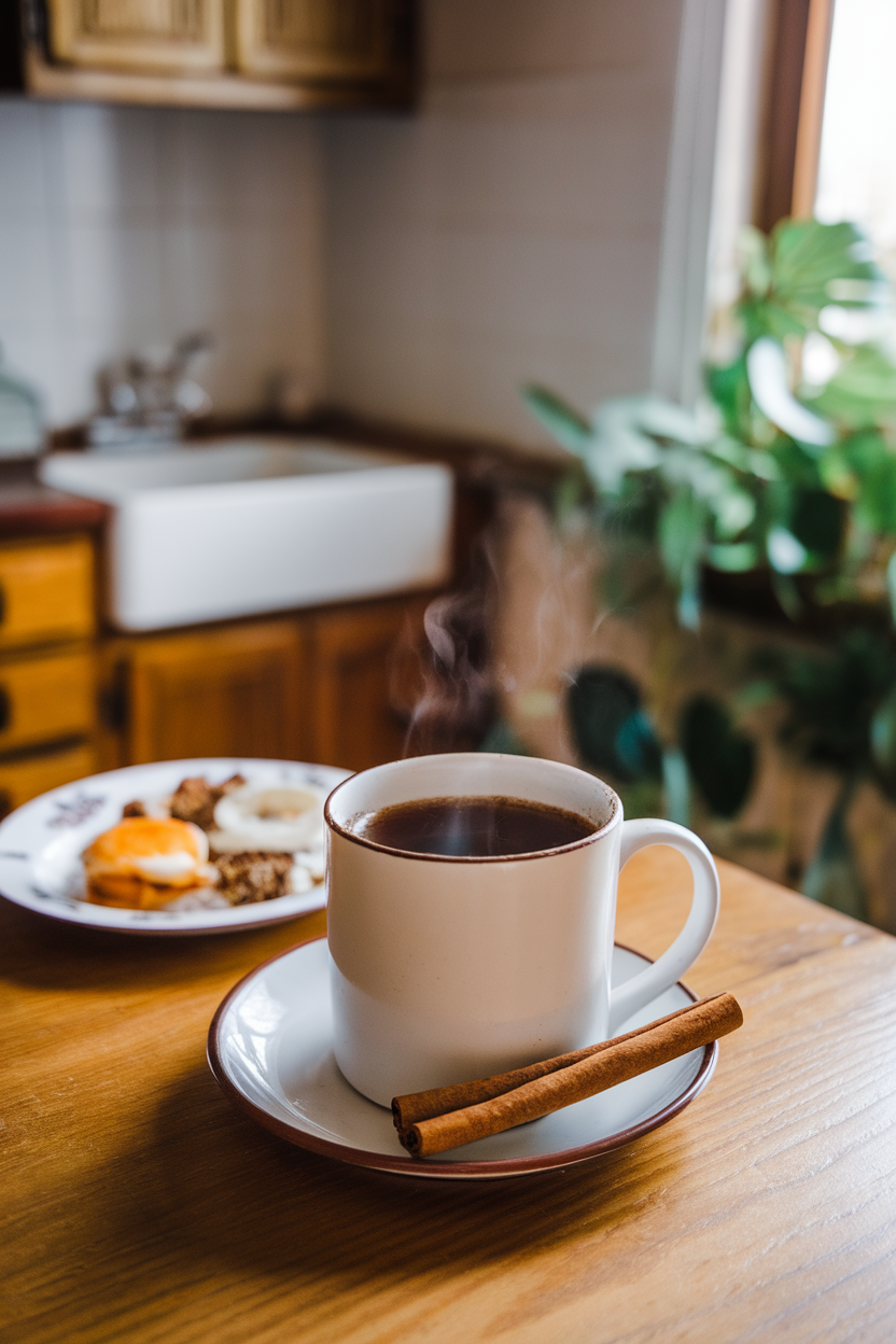 Indoor kitchen scene with a mug of coffee and a cinnamon stick on a saucer—photo, no logos on mug.
