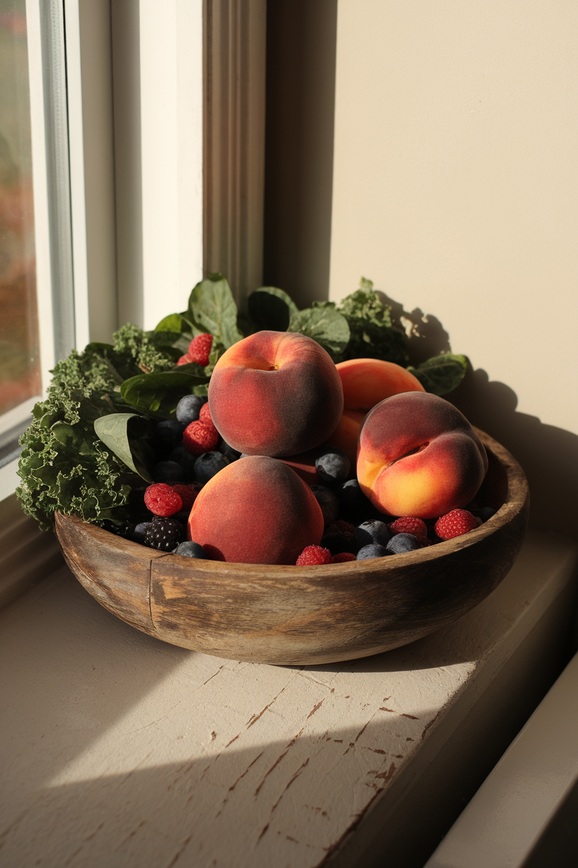 A wooden fruit bowl on a sunny windowsill filled with ripe peaches, berries, and leafy greens, all indoors. No text or logos. Photo, not illustration.