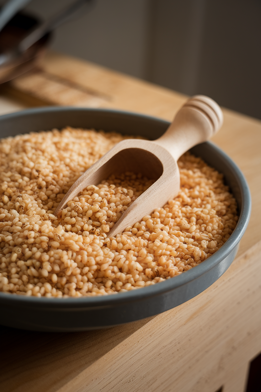 A shallow indoor dish of light tan bulgur with a wooden scoop resting in the grains, soft side lighting; no text or logos, photo.