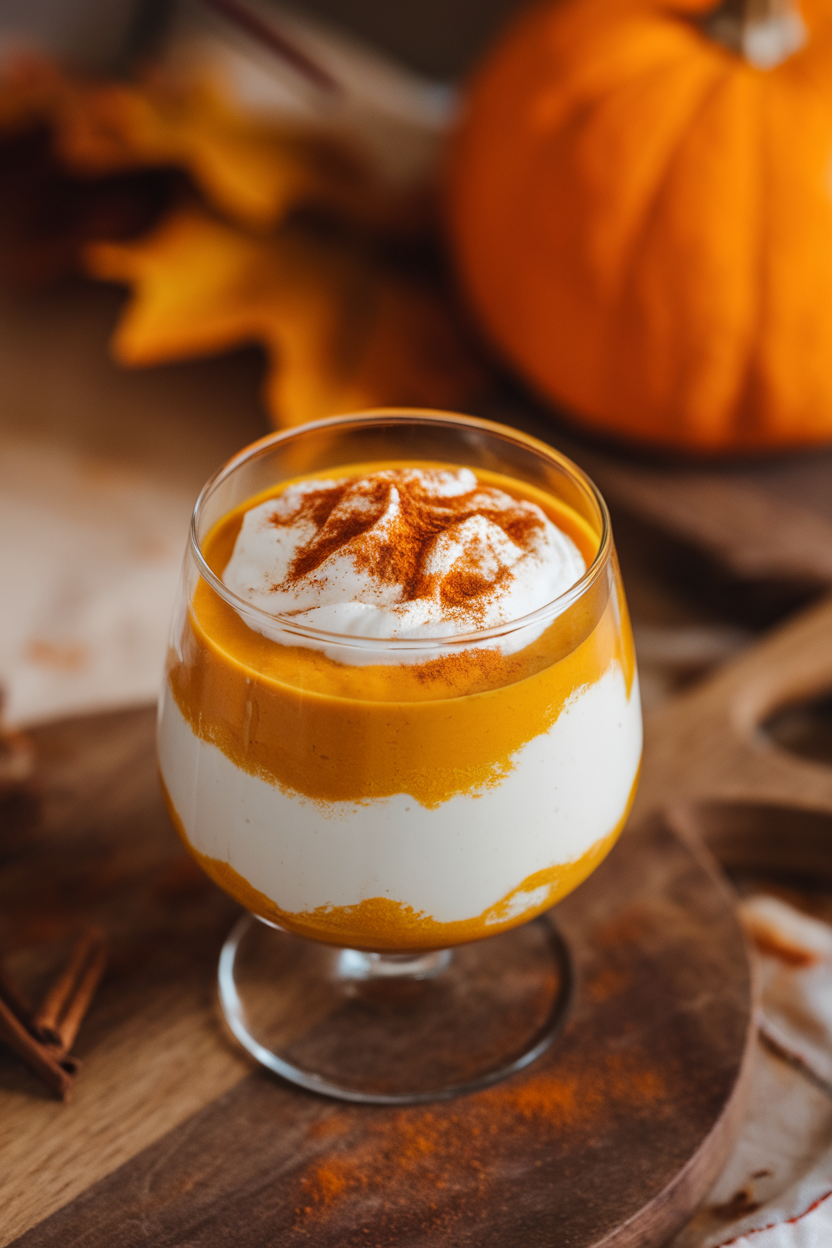 Indoor dessert glass layered with orange pumpkin puree and white yogurt, topped with cinnamon dust. No text or logos visible.
