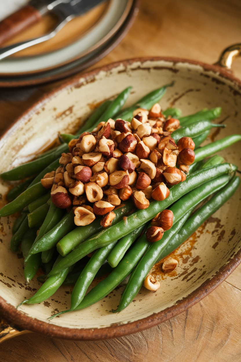 Warm indoor photo of green beans tossed in nutty brown butter and topped with toasted hazelnuts, served on a ceramic platter. No text or logos.