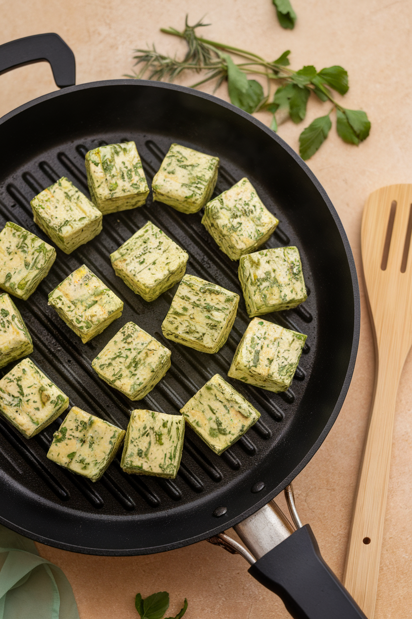 Photo prompt: An indoor grill pan with paneer cubes coated in green herb marinade, slight charring visible. No text or logos in frame.