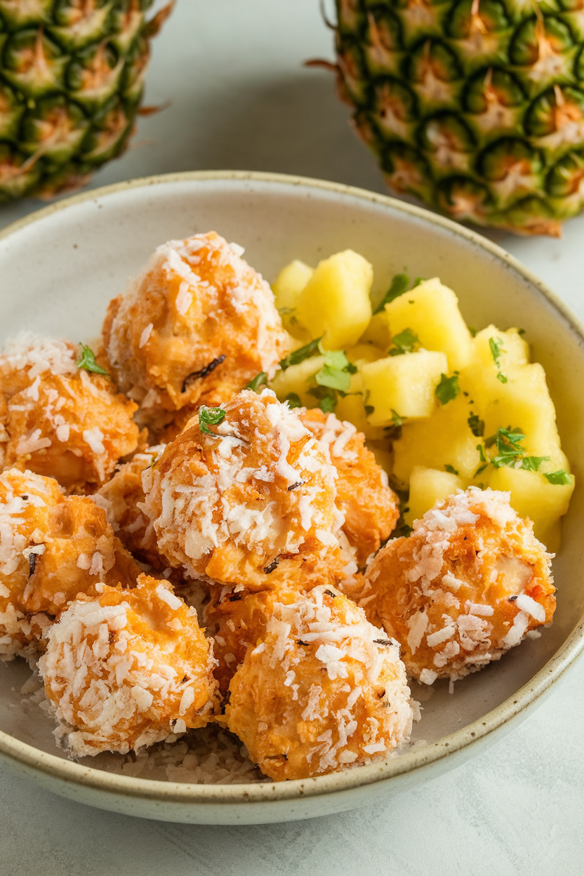 Indoor photo of bite-sized chicken pieces coated in shredded coconut, baked to golden brown, presented in a shallow bowl with pineapple salsa on the side. No branding or text.