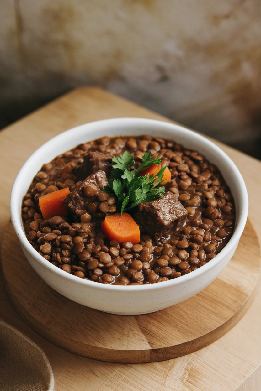 Indoor bowl of thick stew containing brown lentils, beef cubes, and diced carrots, garnished with parsley. No logos; photo.